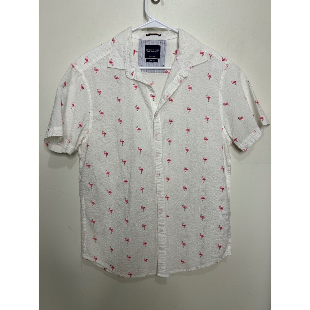 Denim & Flower Ricky Singh White Flamingo Print Short Sleeve Slim‎ Fit Shirt